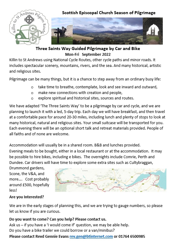 Poster for Three Saints Way - Killin to St Andrews - Guided Pilgrimage by Bike and Car, September 2022.